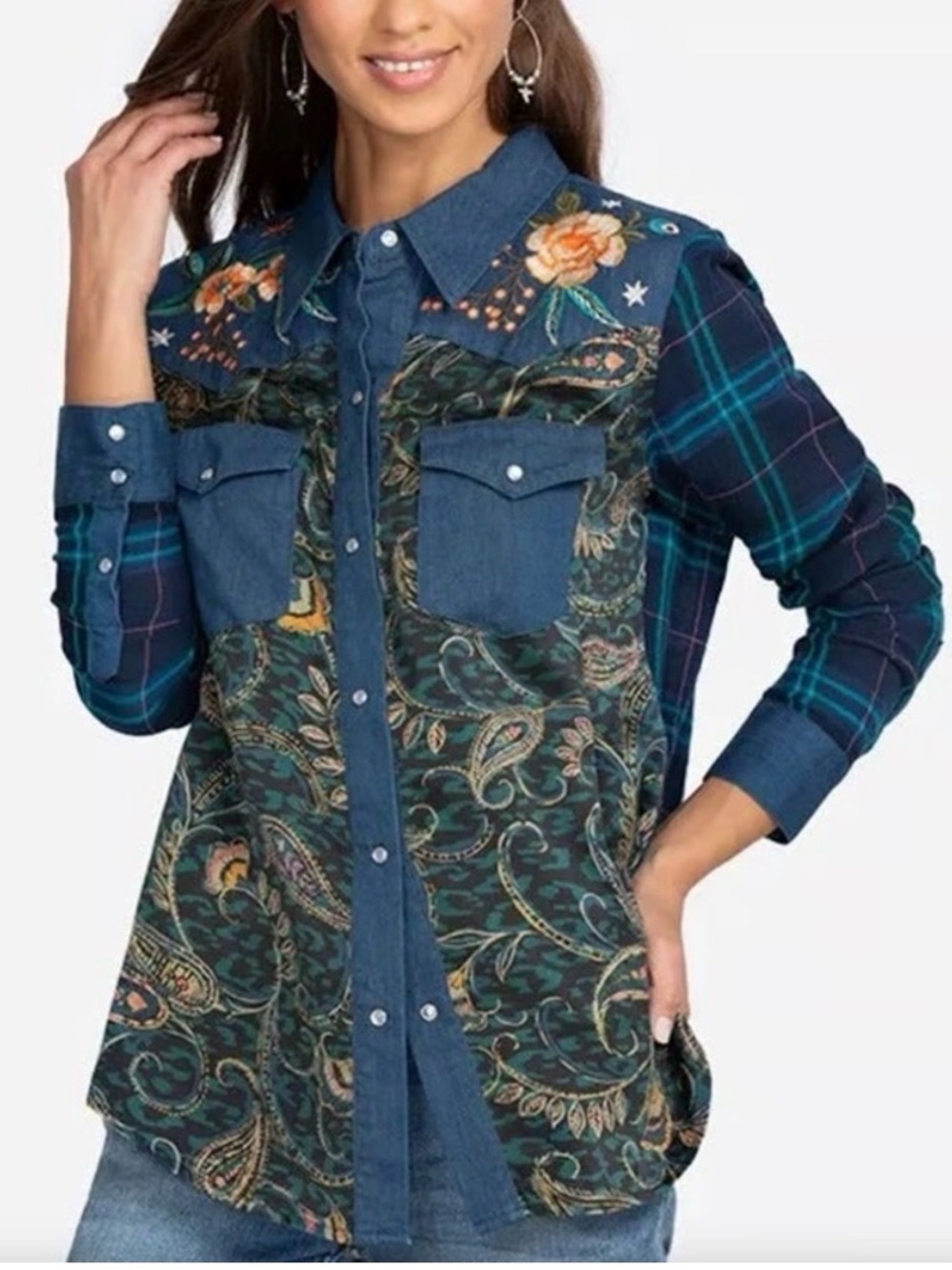 Johnny Was Multicolor Embroidered Patchwork Button-Down Shirt - Picture 5 of 9